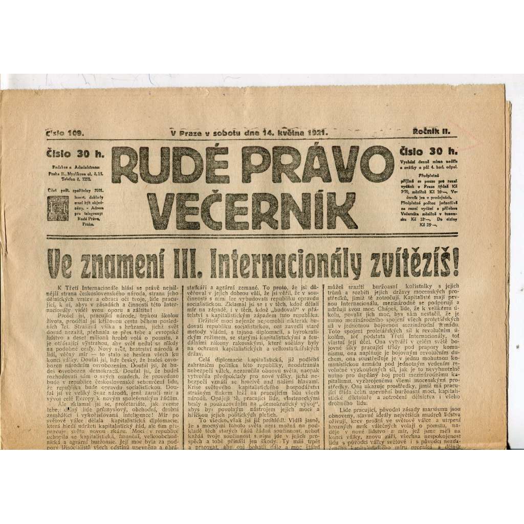 Rudé právo Večerník, ročník II., číslo 109/1921 (staré noviny) - [komunisté, komunismus]