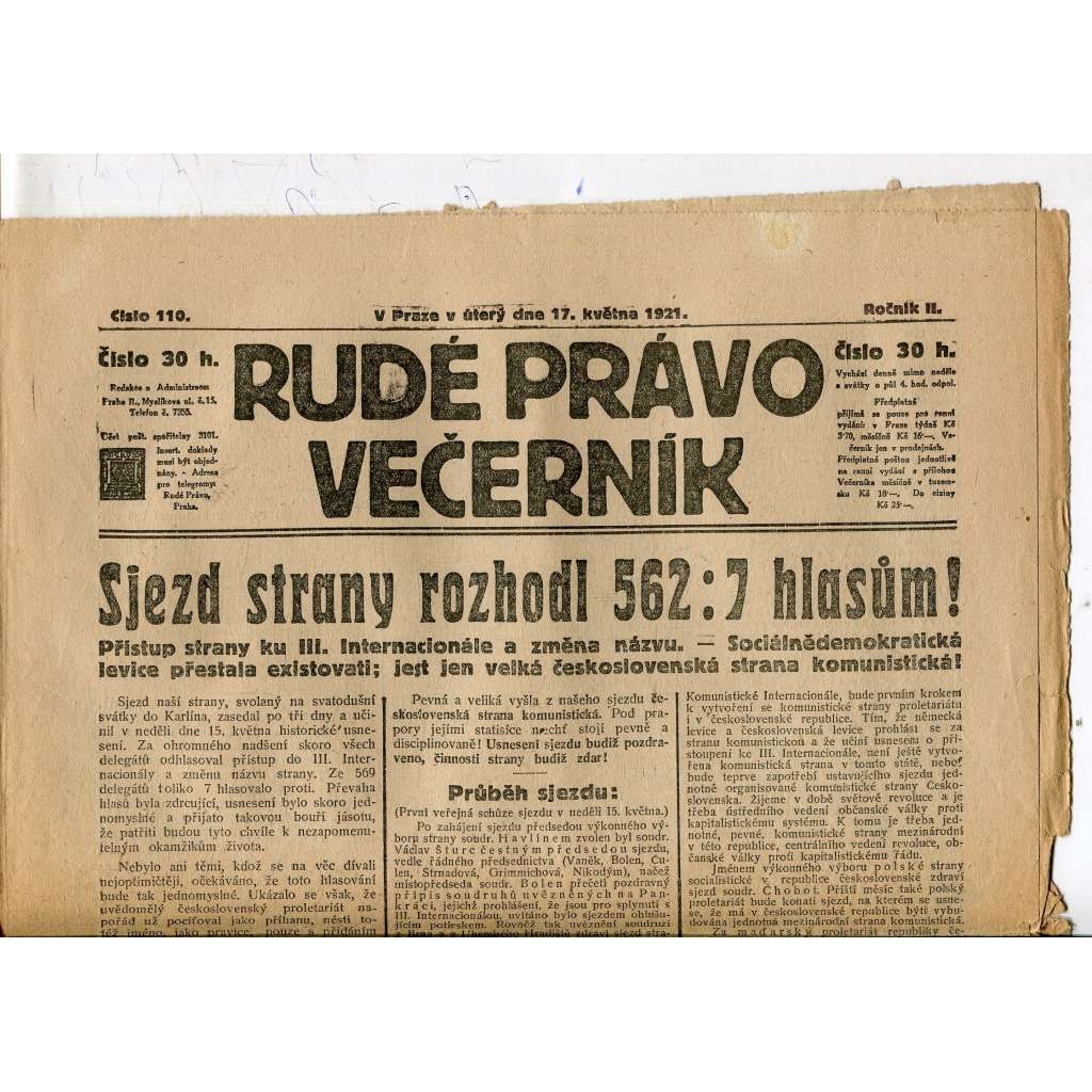Rudé právo Večerník, ročník II., číslo 110/1921 (staré noviny) - [komunisté, komunismus]