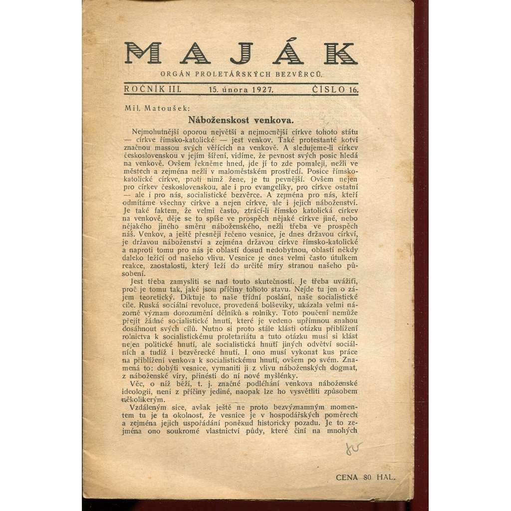 Maják, ročník III., číslo 16/1927. Orgán Proletářských bezvěrců (časopis, levicová literatura)