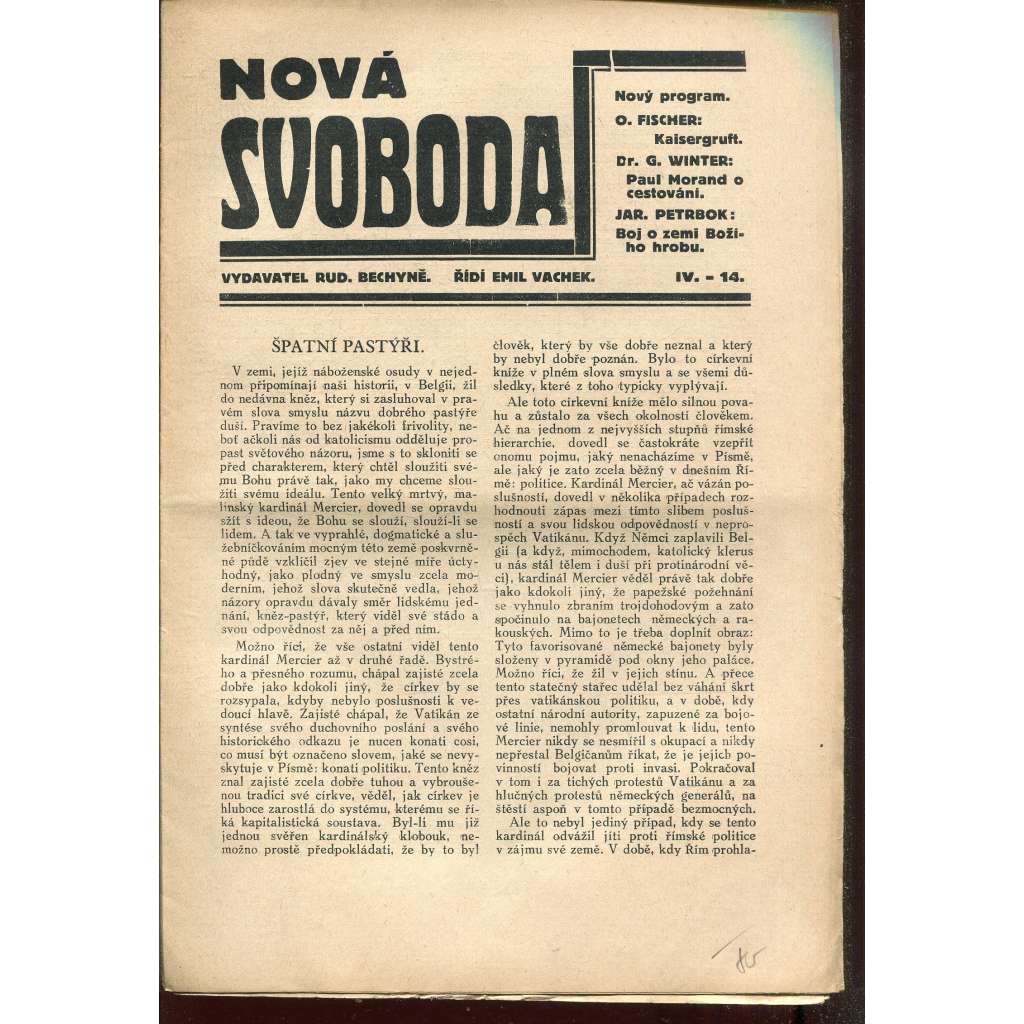 Nová Svoboda, ročník IV., číslo 14/1927 (časopis, noviny,1. republika)