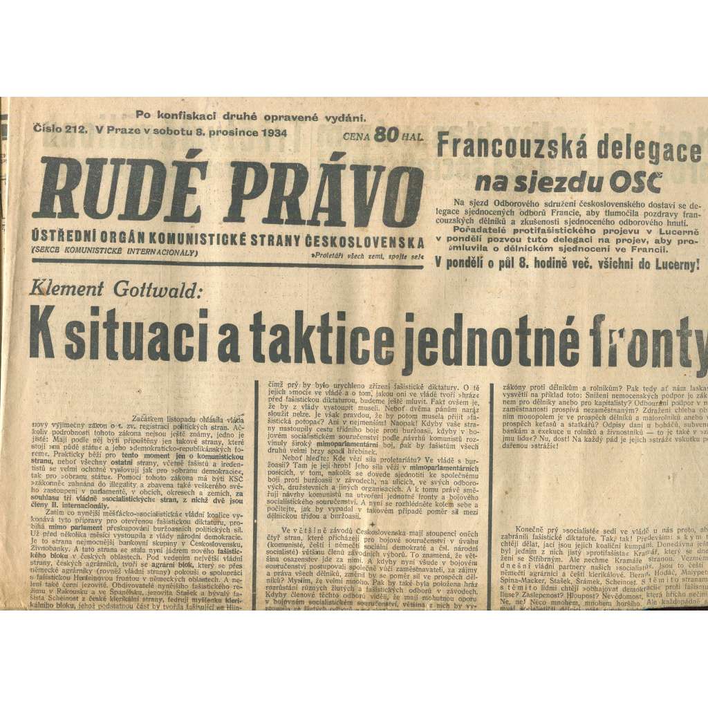 Rudé právo, číslo 212/1934 (1. republika, staré noviny) - [komunisté, komunismus]