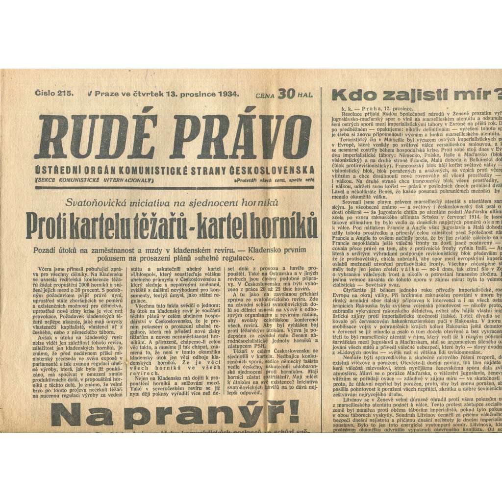 Rudé právo, číslo 215/1934 (1. republika, staré noviny) - [komunisté, komunismus]