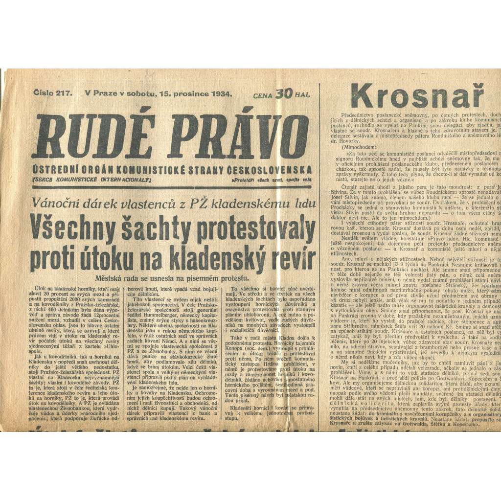Rudé právo, číslo 217/1934 (1. republika, staré noviny) - [komunisté, komunismus]