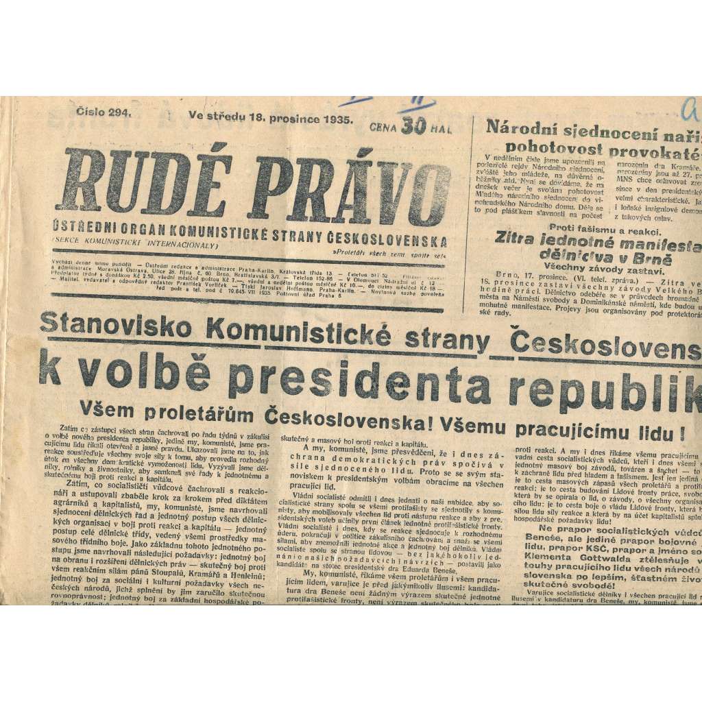 Rudé právo, číslo 294/1935 (1. republika, staré noviny) - [komunisté, komunismus]