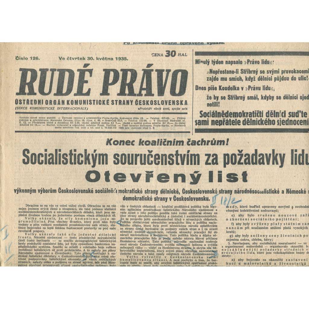 Rudé právo, číslo 126/1935 (1. republika, staré noviny) - [komunisté, komunismus]