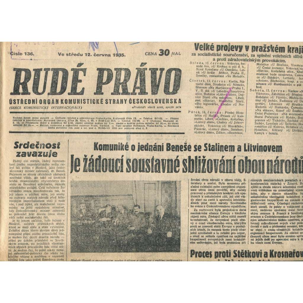 Rudé právo, číslo 136/1935 (1. republika, staré noviny) - [komunisté, komunismus]