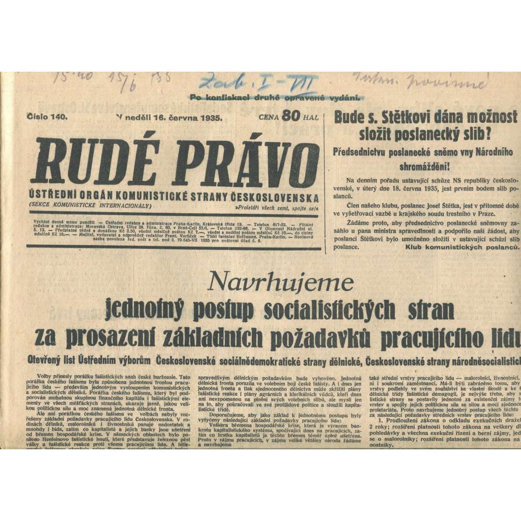 Rudé právo, číslo 140/1935 (1. republika, staré noviny) - [komunisté, komunismus]