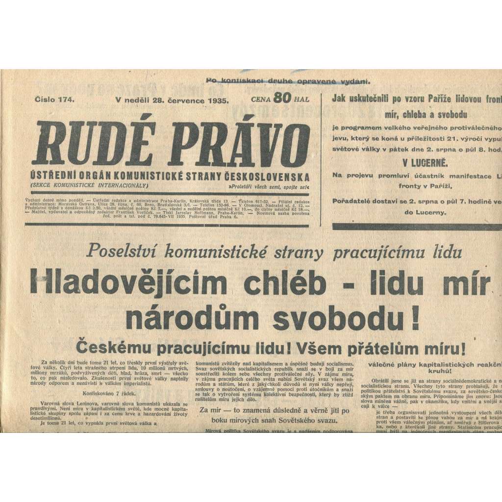 Rudé právo, číslo 174/1935 (1. republika, staré noviny) - [komunisté, komunismus]