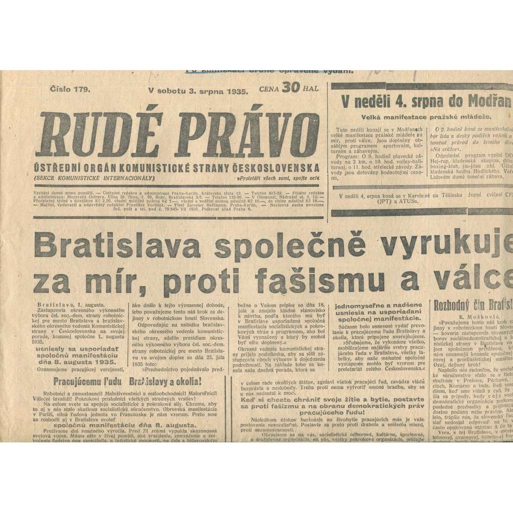 Rudé právo, číslo 179/1935 (1. republika, staré noviny) - [komunisté, komunismus]