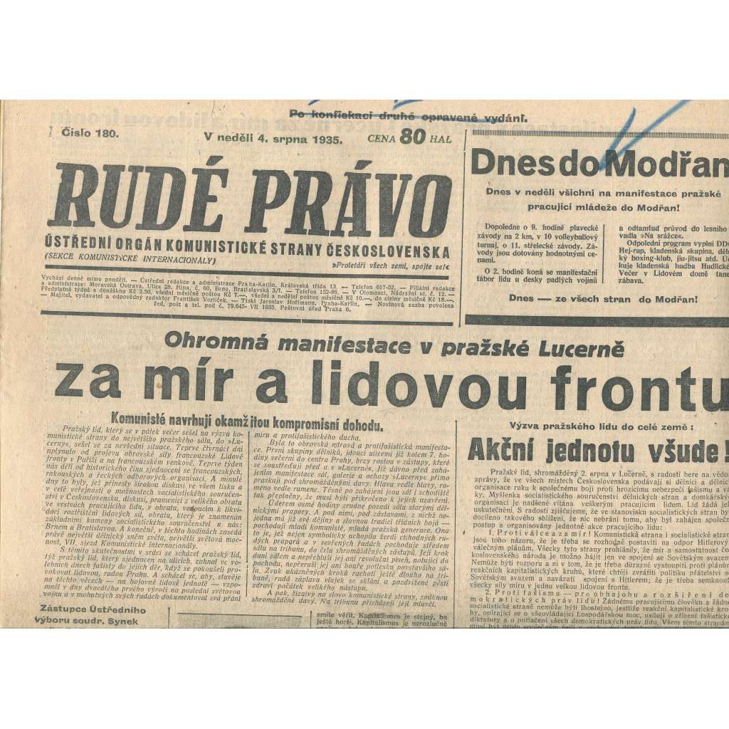 Rudé právo, číslo 180/1935 (1. republika, staré noviny) - [komunisté, komunismus]