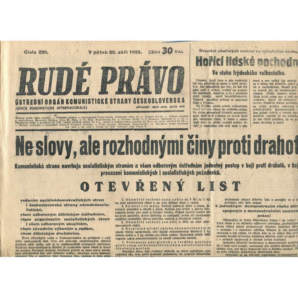 Rudé právo, číslo 220/1935 (1. republika, staré noviny) - [komunisté, komunismus]