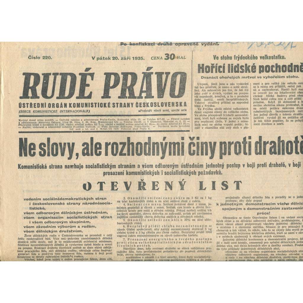 Rudé právo, číslo 220/1935 (1. republika, staré noviny) - [komunisté, komunismus]