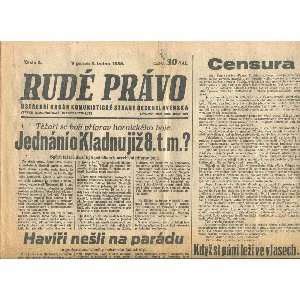 Rudé právo, číslo 3/1935 (1. republika, staré noviny) - [komunisté, komunismus]