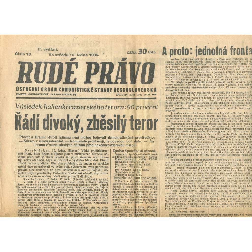 Rudé právo, číslo 13/1935 (1. republika, staré noviny) - [komunisté, komunismus]
