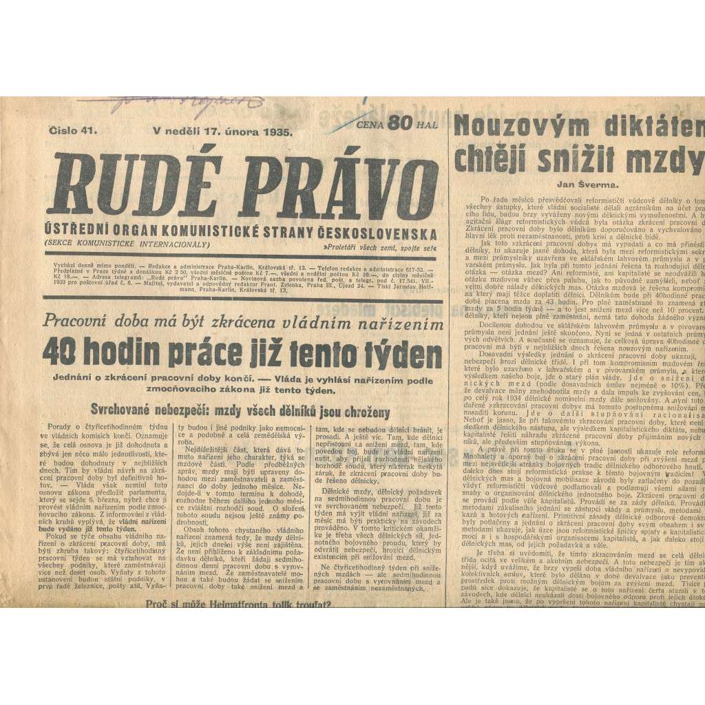 Rudé právo, číslo 41/1935 (1. republika, staré noviny) - [komunisté, komunismus]