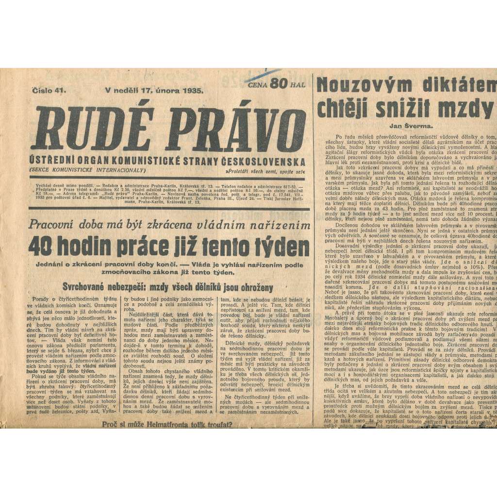 Rudé právo, číslo 41/1935 (1. republika, staré noviny) - [komunisté, komunismus]