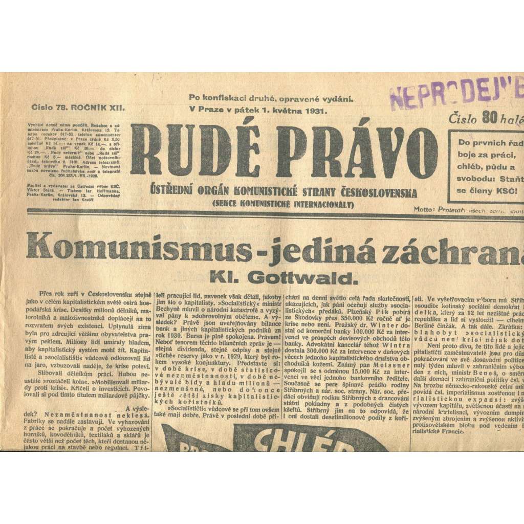 Rudé právo, ročník XII., číslo 78/1931 (1. republika, staré noviny) - [komunisté, komunismus]
