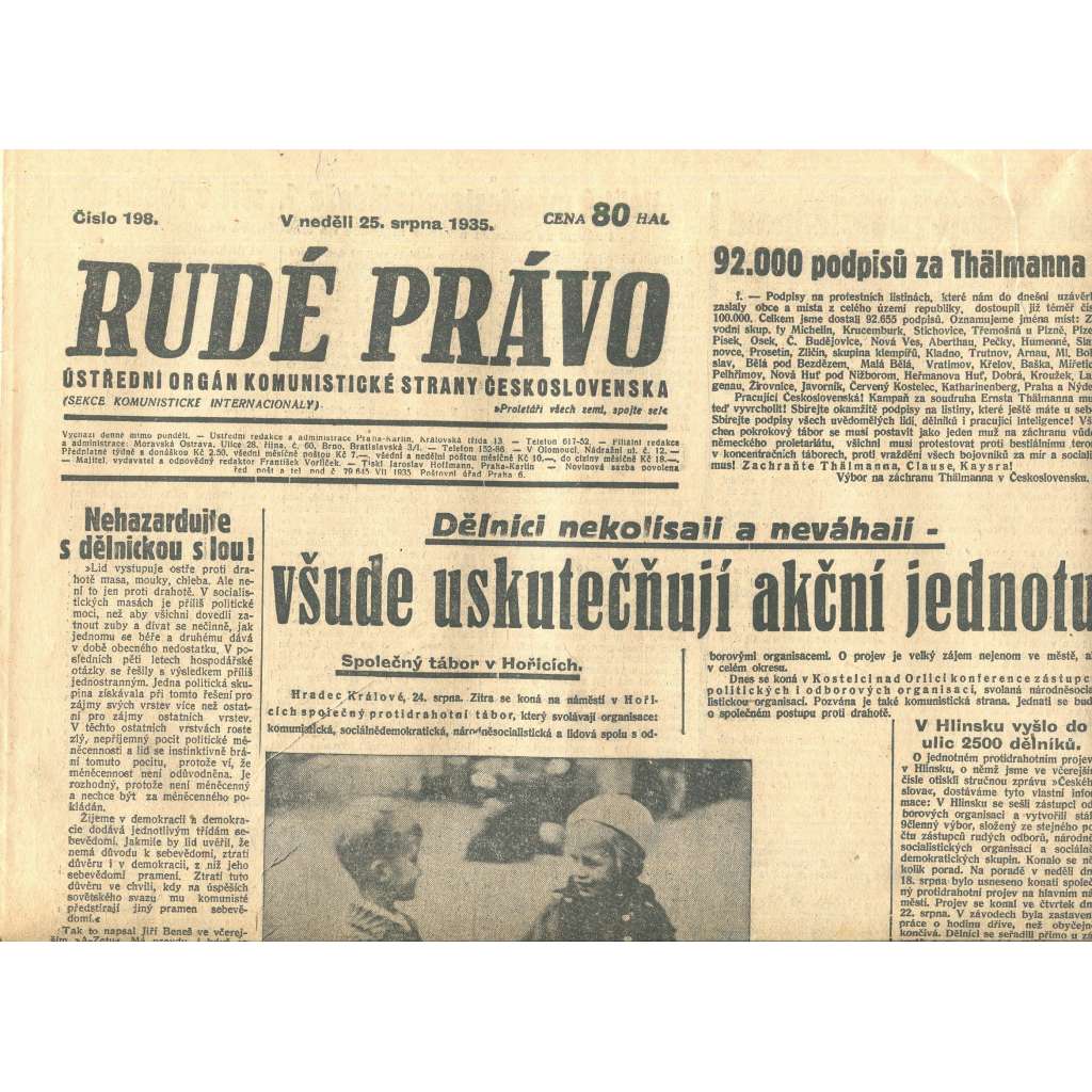 Rudé právo, číslo 198/1935 (1. republika, staré noviny) - [komunisté, komunismus]