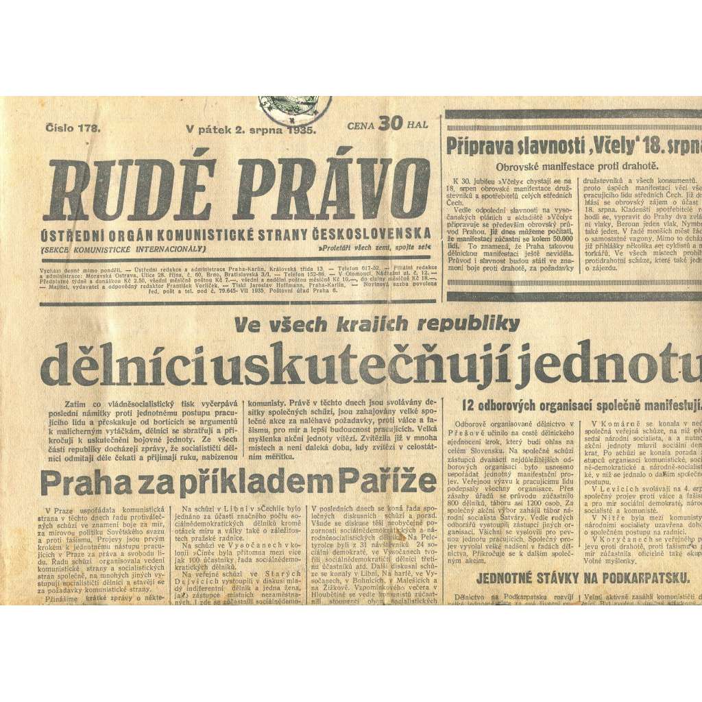 Rudé právo, číslo 178/1935 (1. republika, staré noviny) - [komunisté, komunismus]