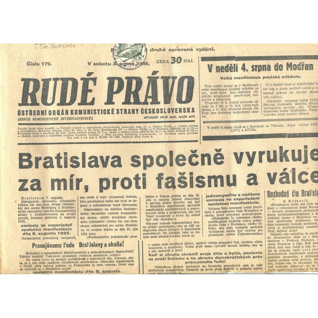 Rudé právo, číslo 179/1935 (1. republika, staré noviny) - [komunisté, komunismus]
