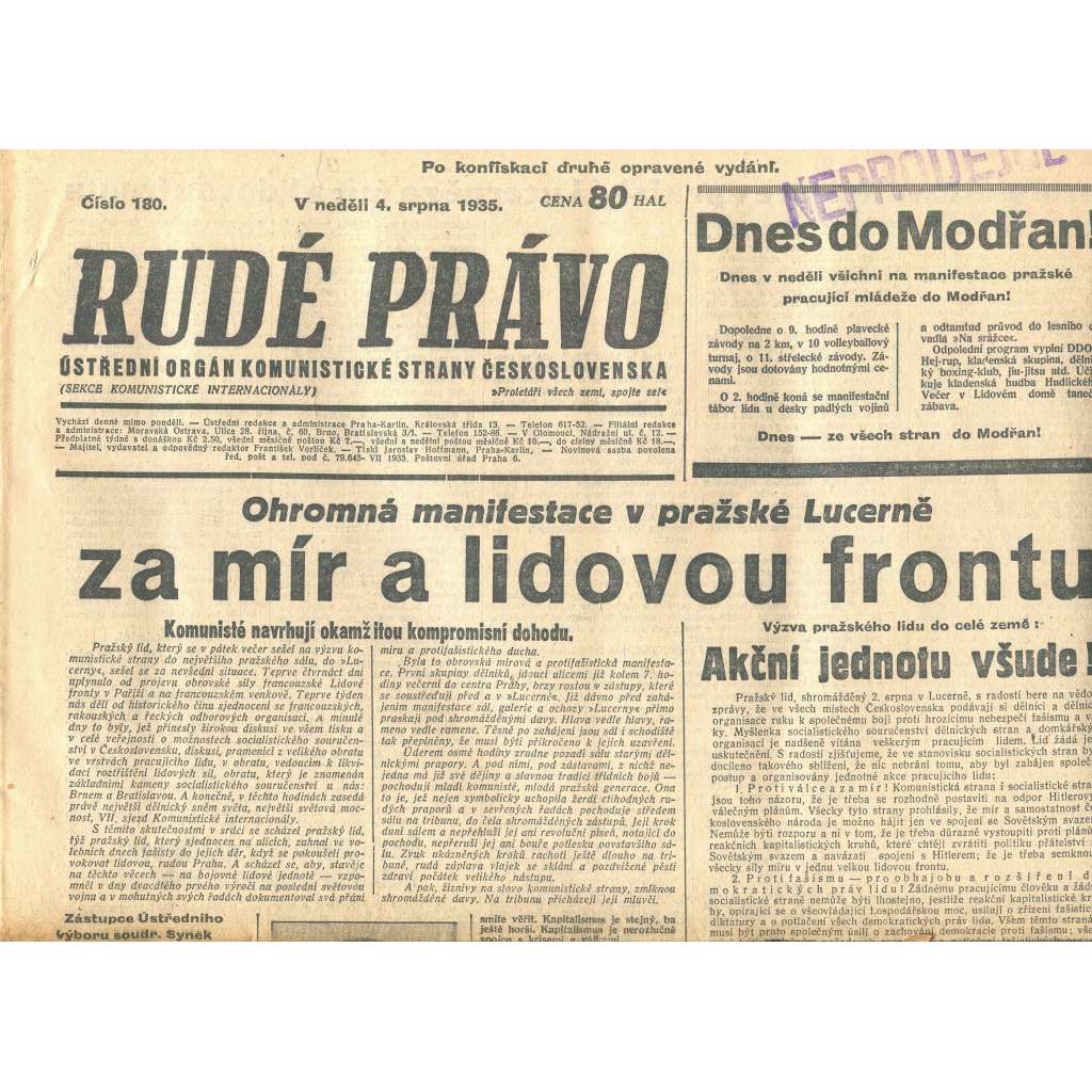 Rudé právo, číslo 180/1935 (1. republika, staré noviny) - [komunisté, komunismus]