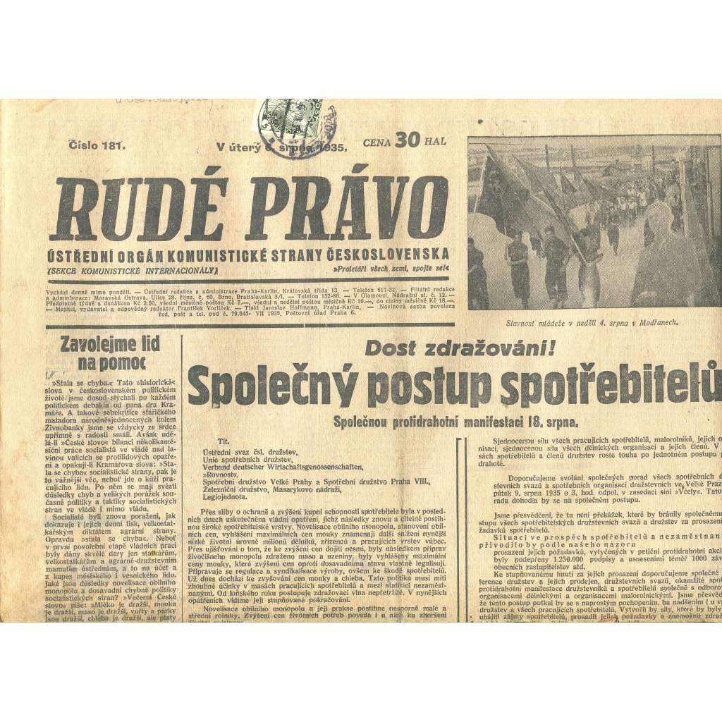 Rudé právo, číslo 181/1935 (1. republika, staré noviny) - [komunisté, komunismus]
