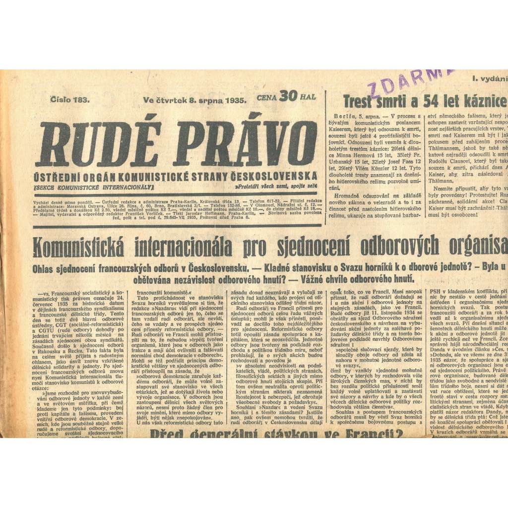Rudé právo, číslo 183/1935 (1. republika, staré noviny) - [komunisté, komunismus]