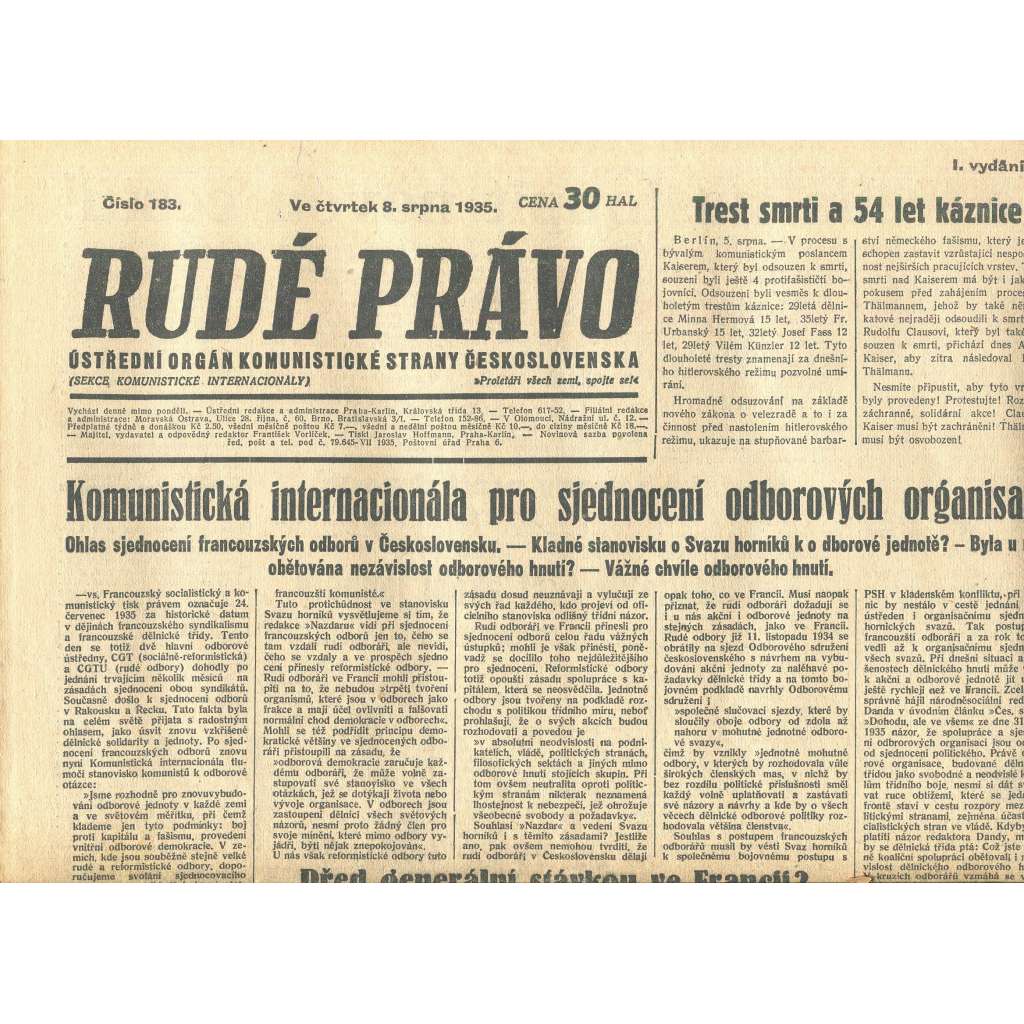 Rudé právo, číslo 183/1935 (1. republika, staré noviny) - [komunisté, komunismus]