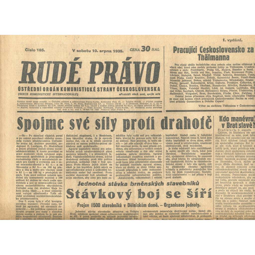 Rudé právo, číslo 185/1935 (1. republika, staré noviny) - [komunisté, komunismus]
