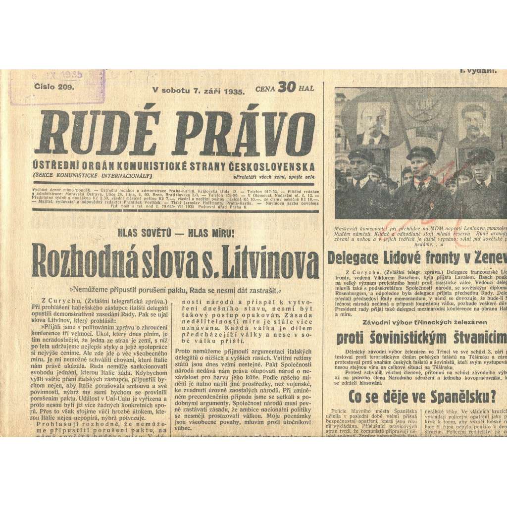 Rudé právo, číslo 209/1935 (1. republika, staré noviny) - [komunisté, komunismus]