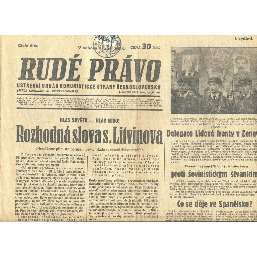 Rudé právo, číslo 209/1935 (1. republika, staré noviny) - [komunisté, komunismus]