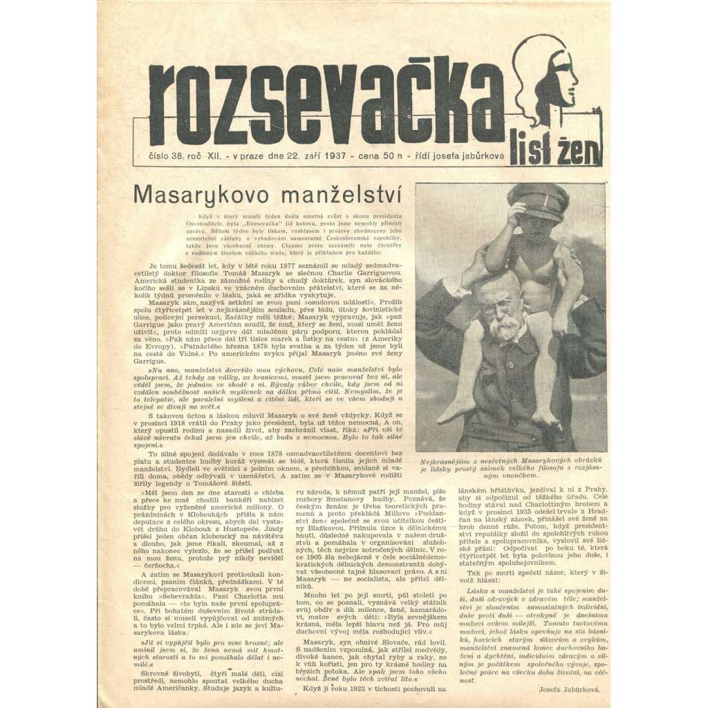 Rozsevačka, ročník XII., číslo 38/1937 (časopis, noviny)