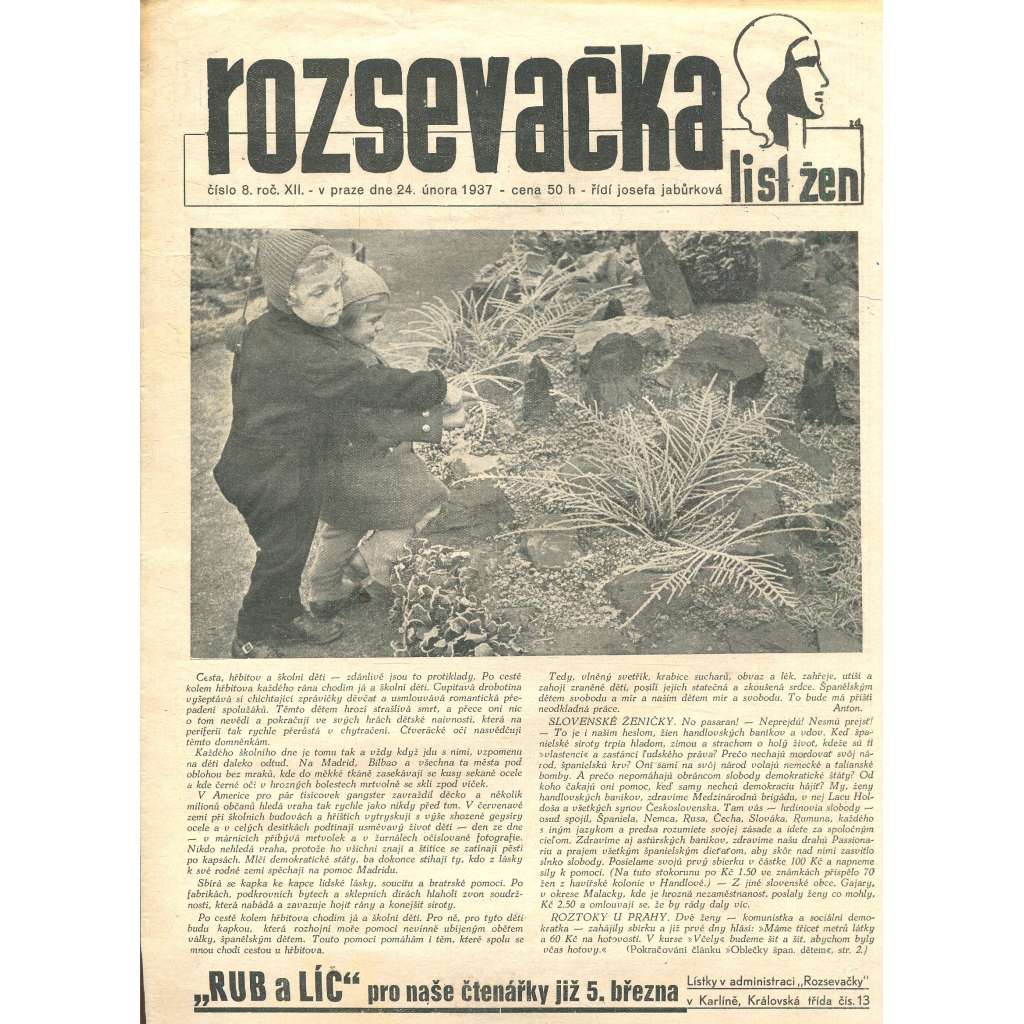 Rozsevačka, ročník XII., číslo 8/1937 (časopis, noviny)