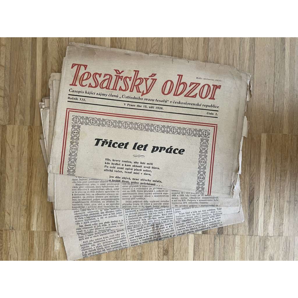 Tesařský obzor, ročník XXI., číslo 2/1926, ročník XXIV., číslo 16 a 17/1930, ročník XXV., číslo 21/1931, ročník XXVI., číslo 2, 3, 5, 6,8, 10, 11, 15 a 19/1931-1932, ročník XXVII., číslo 17/1933 (časopis)