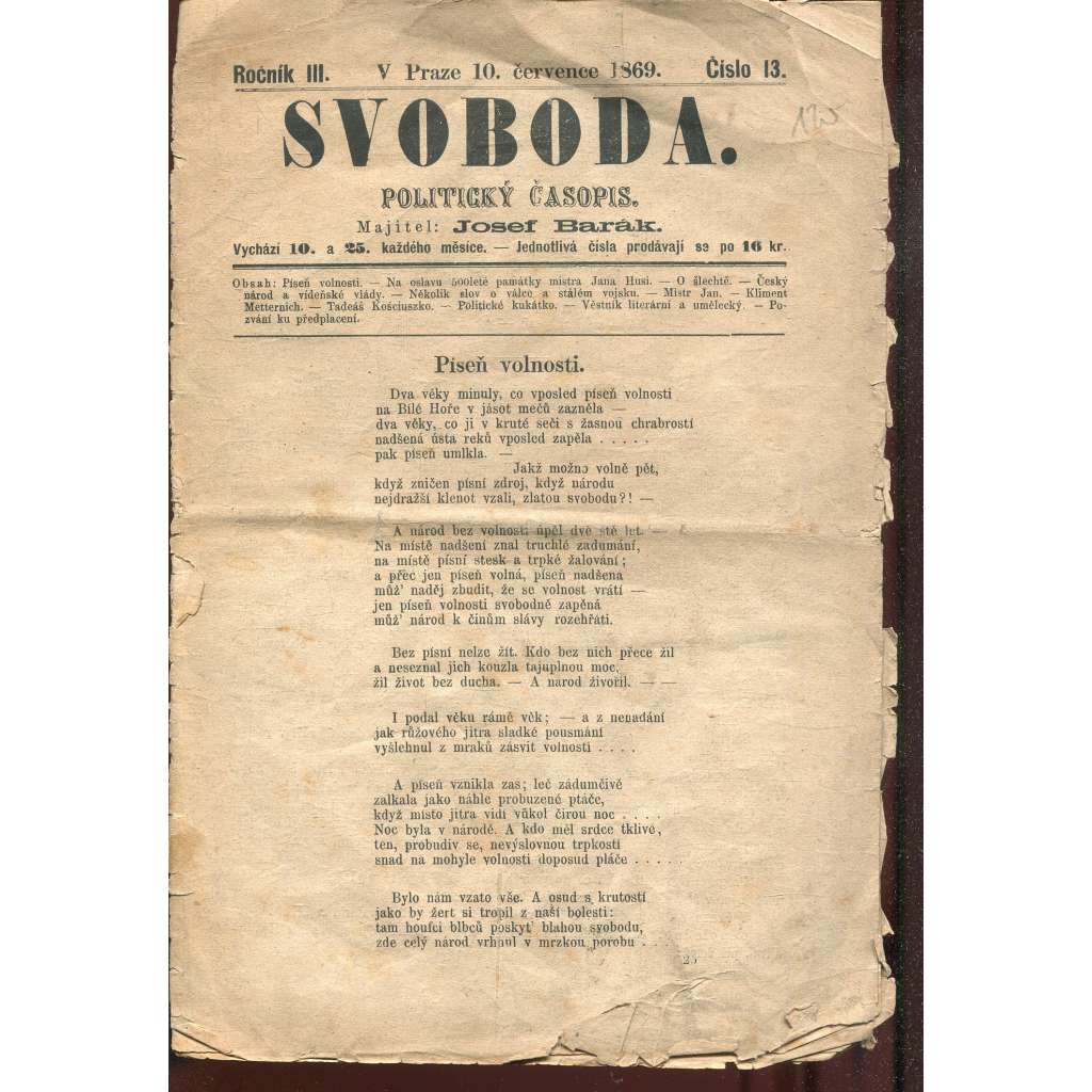 Svoboda, ročník III., číslo 13/1869. Politický časopis (noviny)