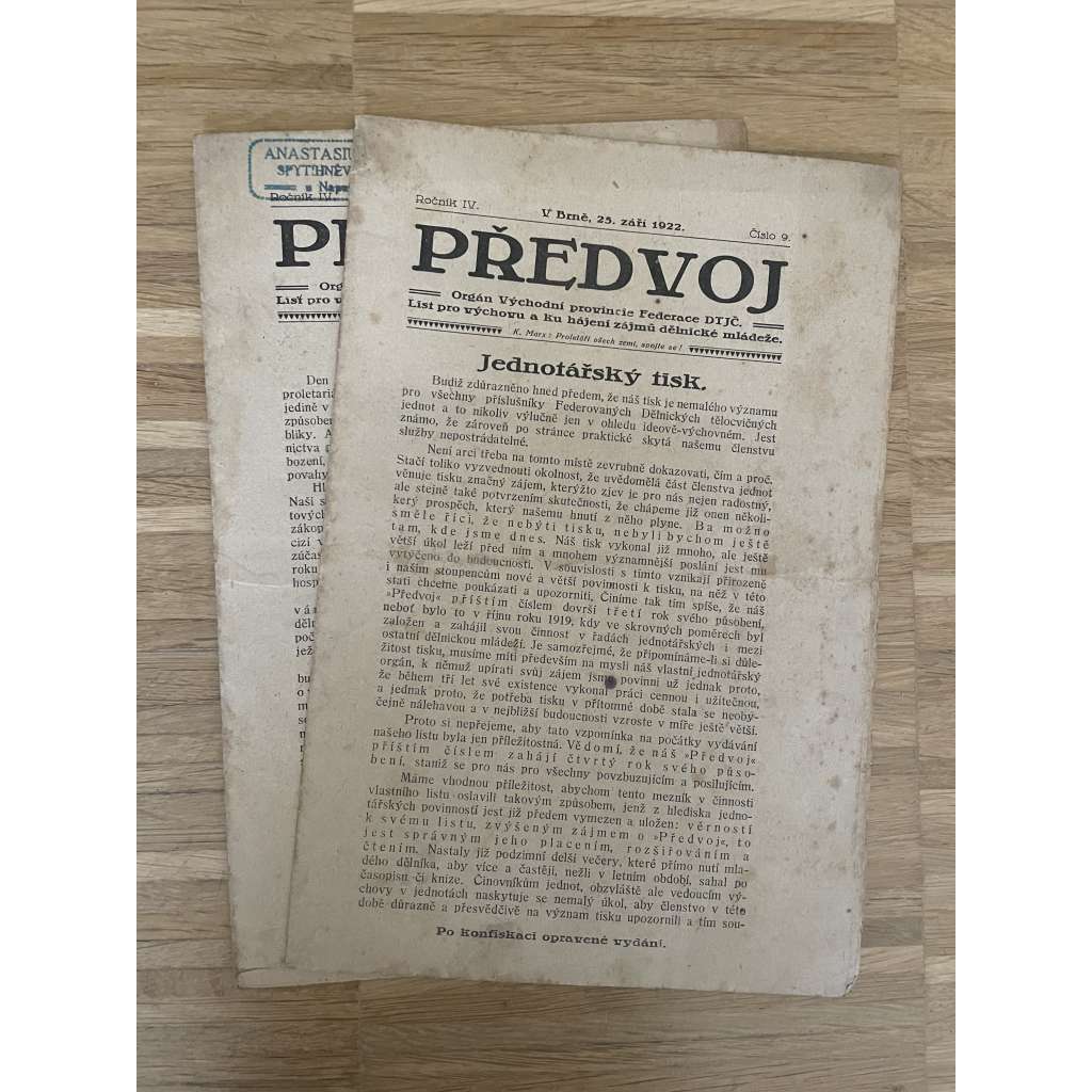 Předvoj, ročník IV., číslo 9 a 10/1922 (Dělnická mládež) - časopis, noviny,1. republika