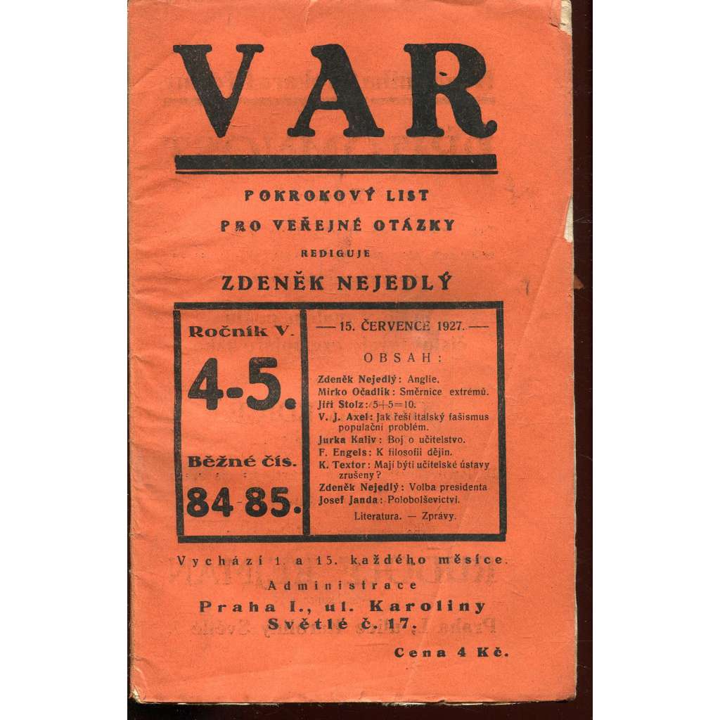 VAR, ročník V., číslo 4-5/1927. Pokrokový list pro veřejné otázky