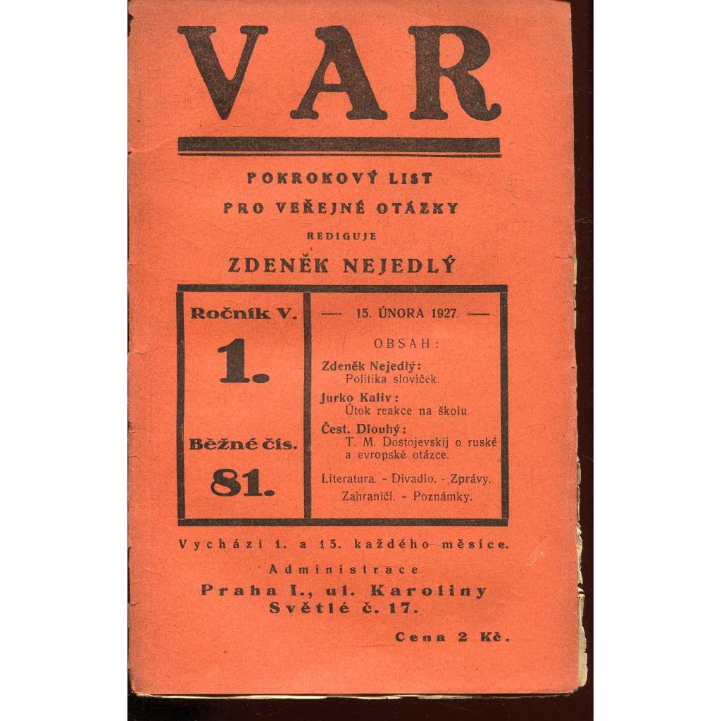 VAR, ročník V., číslo 1/1927. Pokrokový list pro veřejné otázky