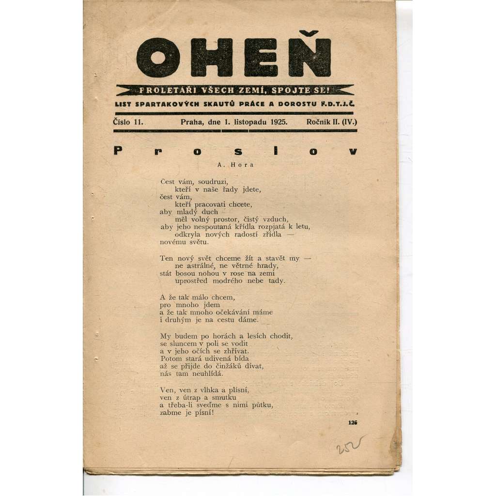 Oheň, ročník II., číslo 11/1925. List Spartakových skautů práce a dorostu FDTJČ (časopis)