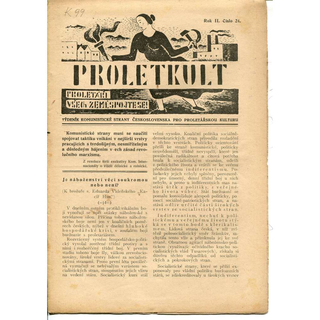 Proletkult, rok II., číslo 24/1923 [Týdeník KSČ pro proletářskou kulturu] - časopis, noviny, 1. republika