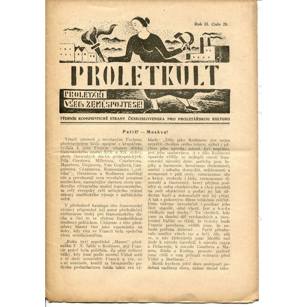 Proletkult, rok II., číslo 20/1923 [Týdeník KSČ pro proletářskou kulturu] - časopis, noviny, 1. republika