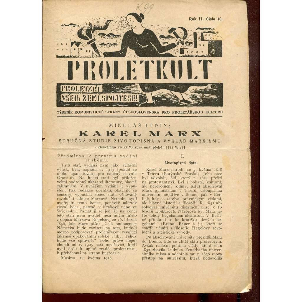 Proletkult, rok II., číslo 10/1923 [Týdeník KSČ pro proletářskou kulturu] - časopis, noviny, 1. republika