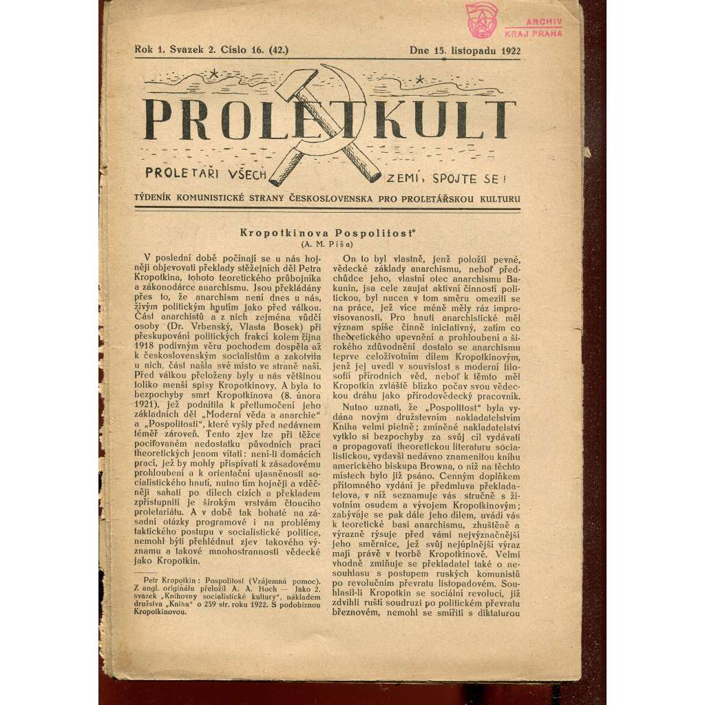 Proletkult, rok I., číslo 16/1922 [Týdeník KSČ pro proletářskou kulturu] - časopis, noviny, 1. republika