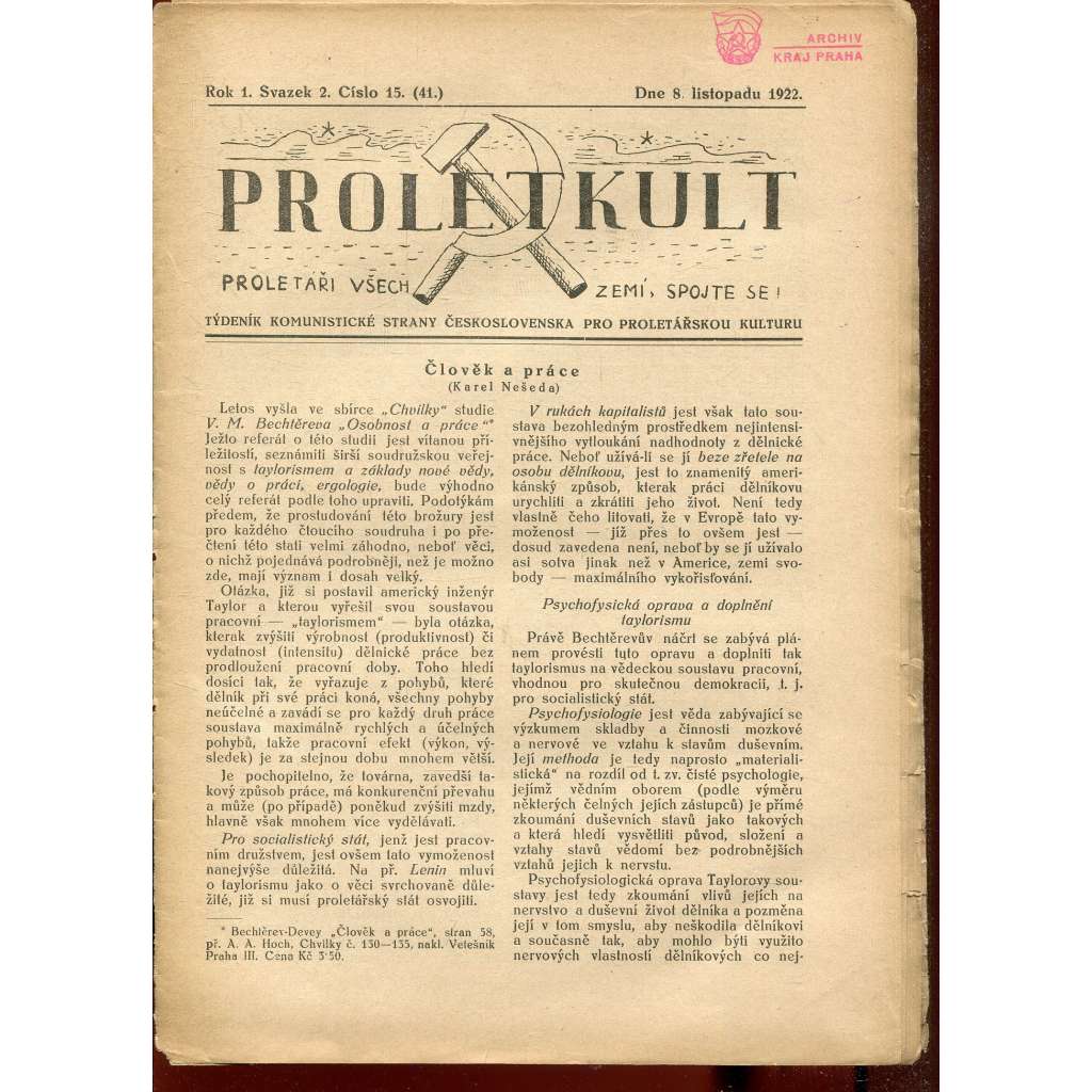 Proletkult, rok I., číslo 15/1922 [Týdeník KSČ pro proletářskou kulturu] - časopis, noviny, 1. republika