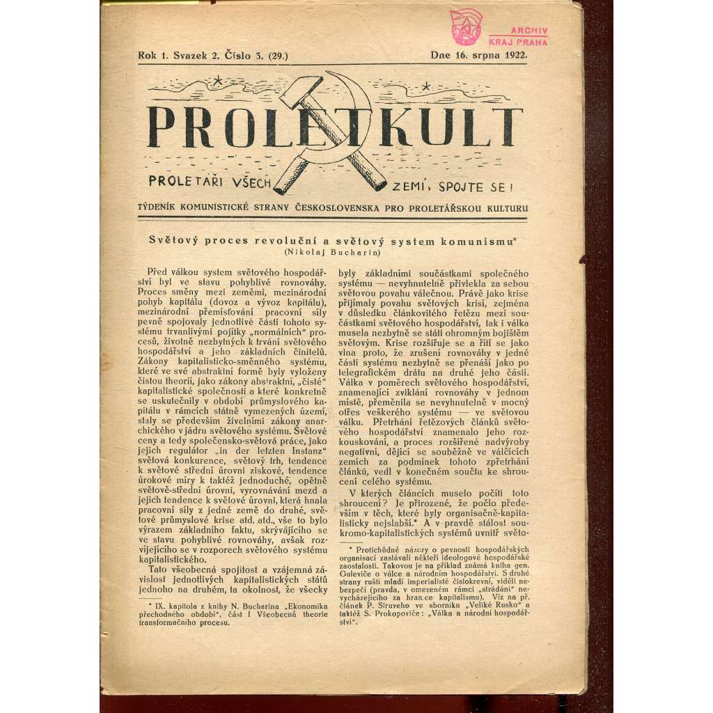 Proletkult, rok I., číslo 3/1922 [Týdeník KSČ pro proletářskou kulturu] - časopis, noviny, 1. republika