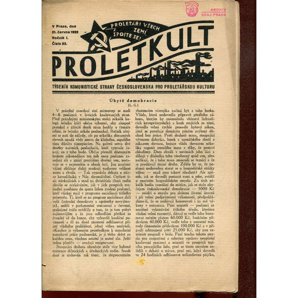 Proletkult, rok I., číslo 23/1922 [Týdeník KSČ pro proletářskou kulturu] - časopis, noviny, 1. republika