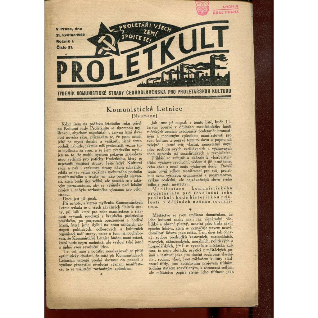 Proletkult, rok I., číslo 21/1922 [Týdeník KSČ pro proletářskou kulturu] - časopis, noviny, 1. republika