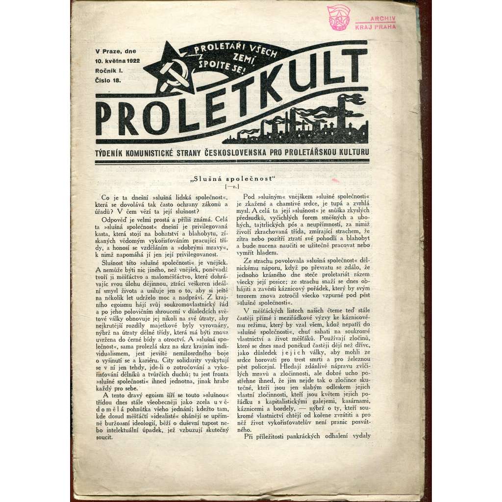 Proletkult, rok I., číslo 18/1922 [Týdeník KSČ pro proletářskou kulturu] - časopis, noviny, 1. republika