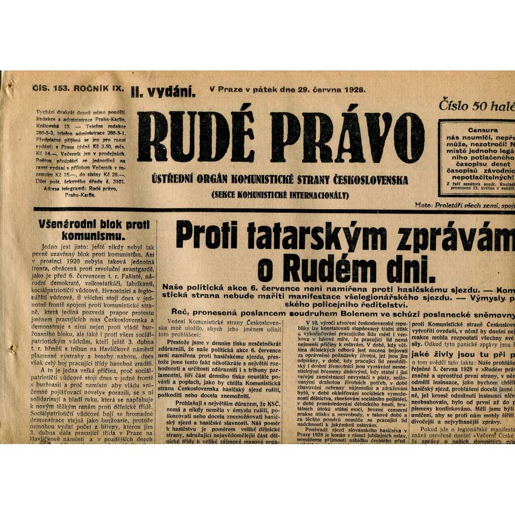 Rudé právo, ročník IX., číslo 153/1928.(1. republika, staré noviny)