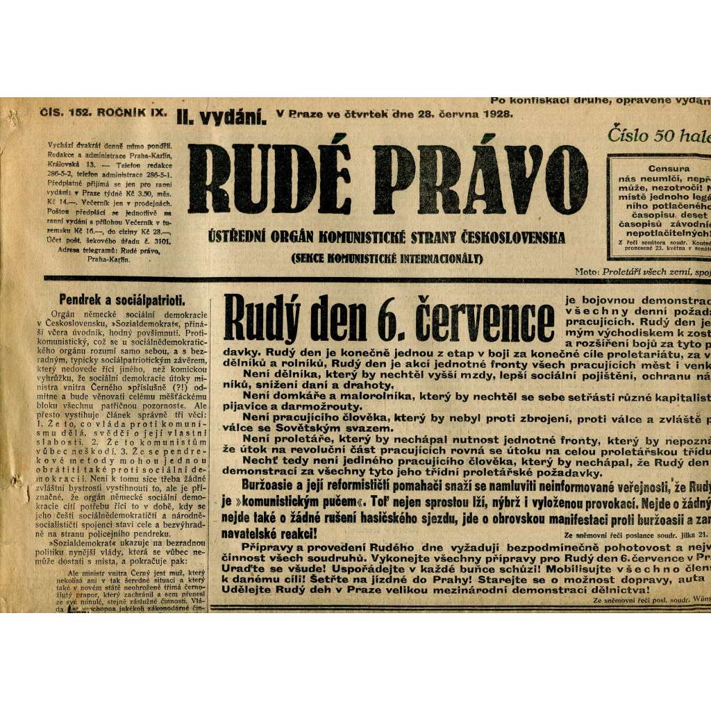 Rudé právo, ročník IX., číslo 152/1928.(1. republika, staré noviny)